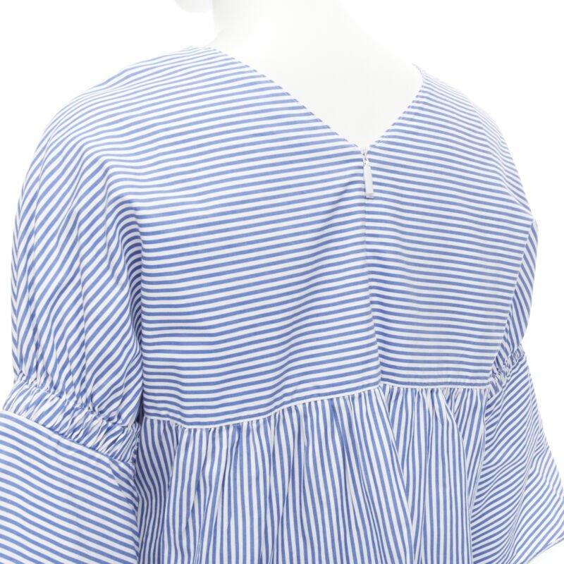 TIBI blue white striped cotton bell sleeves flared back top XS For Sale 2