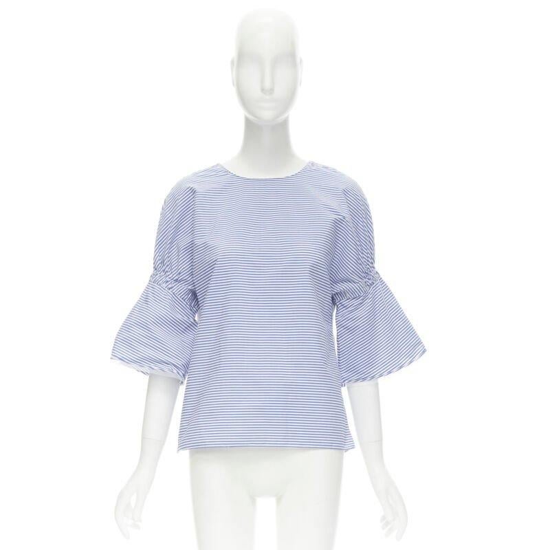 TIBI blue white striped cotton bell sleeves flared back top XS For Sale 4