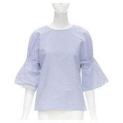 TIBI - Top en coton rayé bleu blanc à manches cloche et dos évasé XS