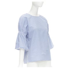 TIBI blue white striped cotton bell sleeves flared back top XS