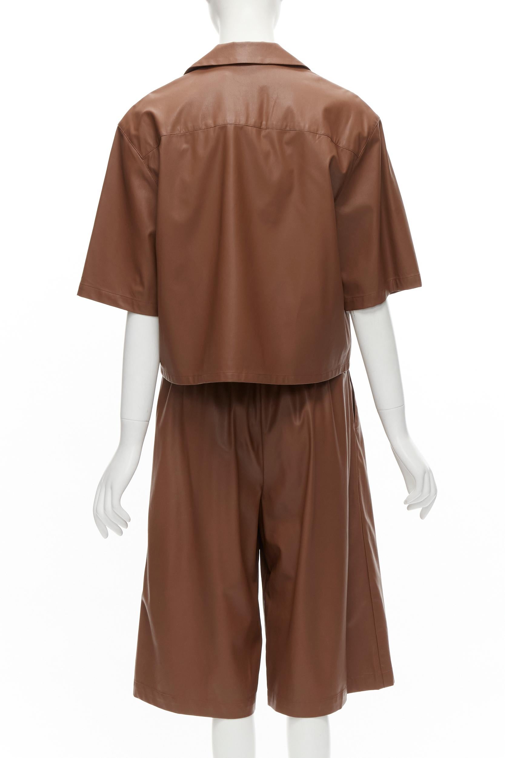 TIBI brown faux leather boxy fit shirt culotte wide shorts S In Excellent Condition For Sale In Hong Kong, NT