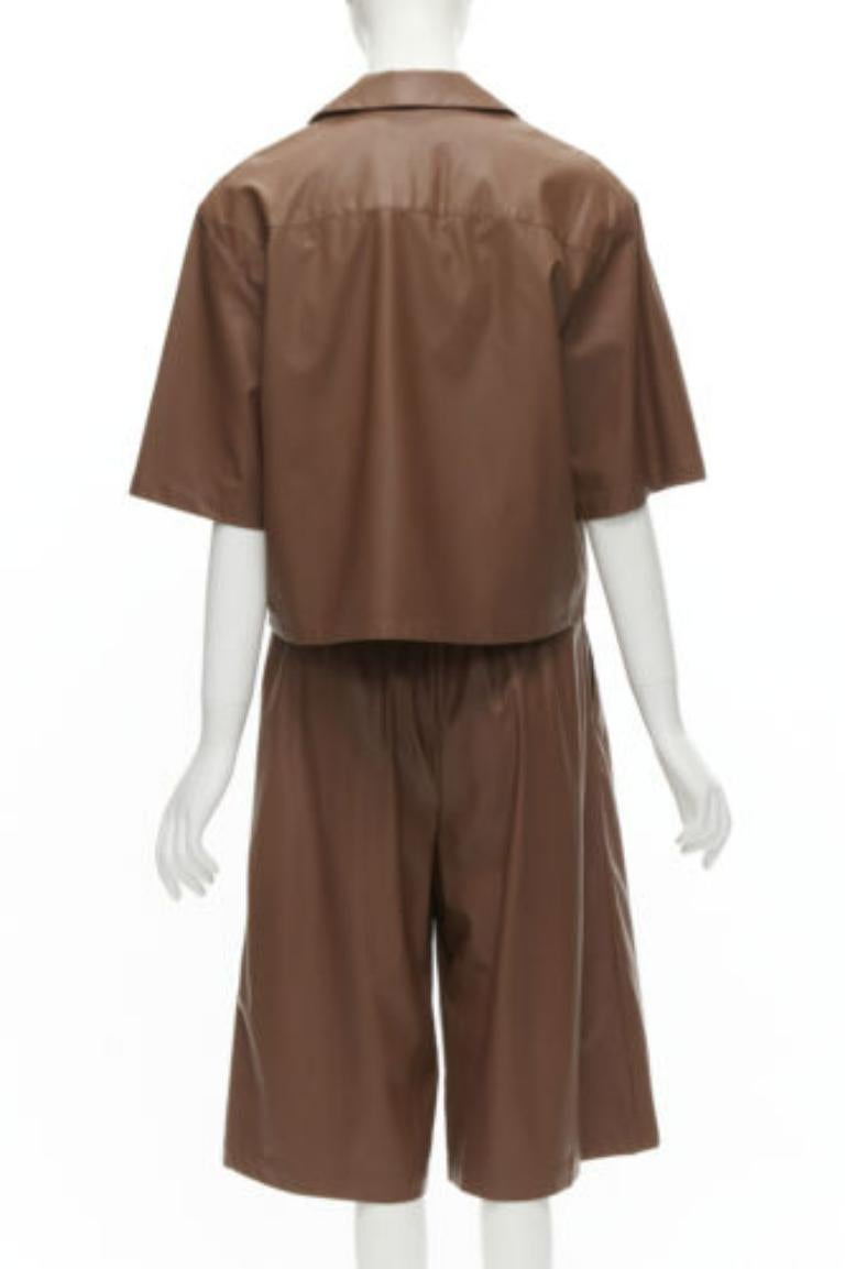 TIBI brown faux leather boxy fit shirt culotte wide shorts S In Excellent Condition For Sale In Hong Kong, NT