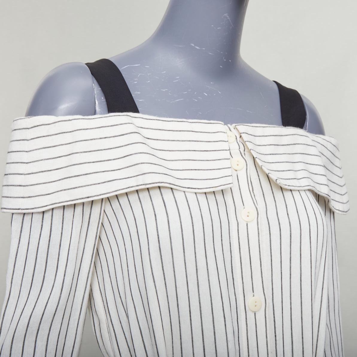 TIBI cream grey pinstriped off shoulder black contrast tie waist dress US4 S
Reference: GEGG/A00077
Brand: Tibi
Material: Viscose, Blend
Color: Cream
Pattern: Pinstriped
Closure: Button
Lining: White Fabric
Extra Details: Tie waist.
Made in: