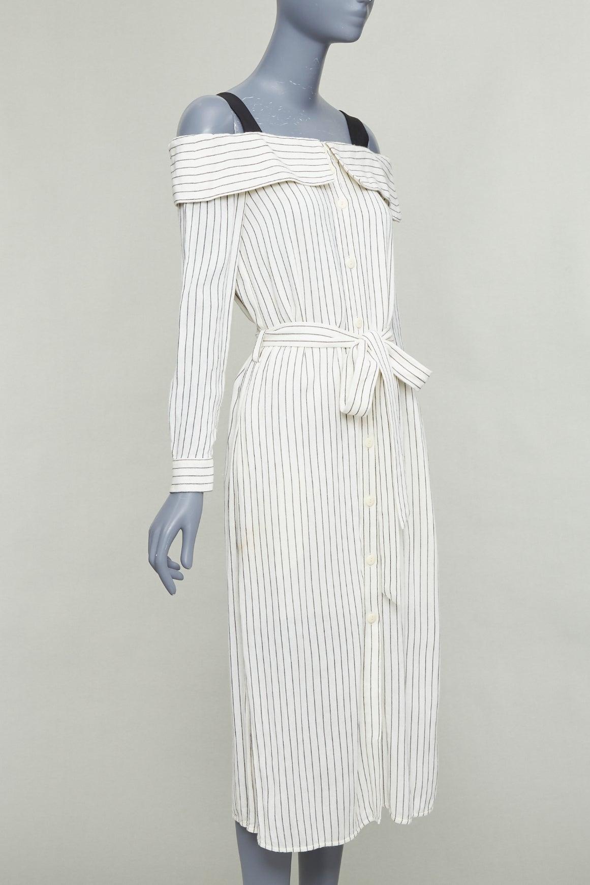 Noir TIBI cream grey pinstriped off shoulder black contrast tie waist dress US4 S en vente