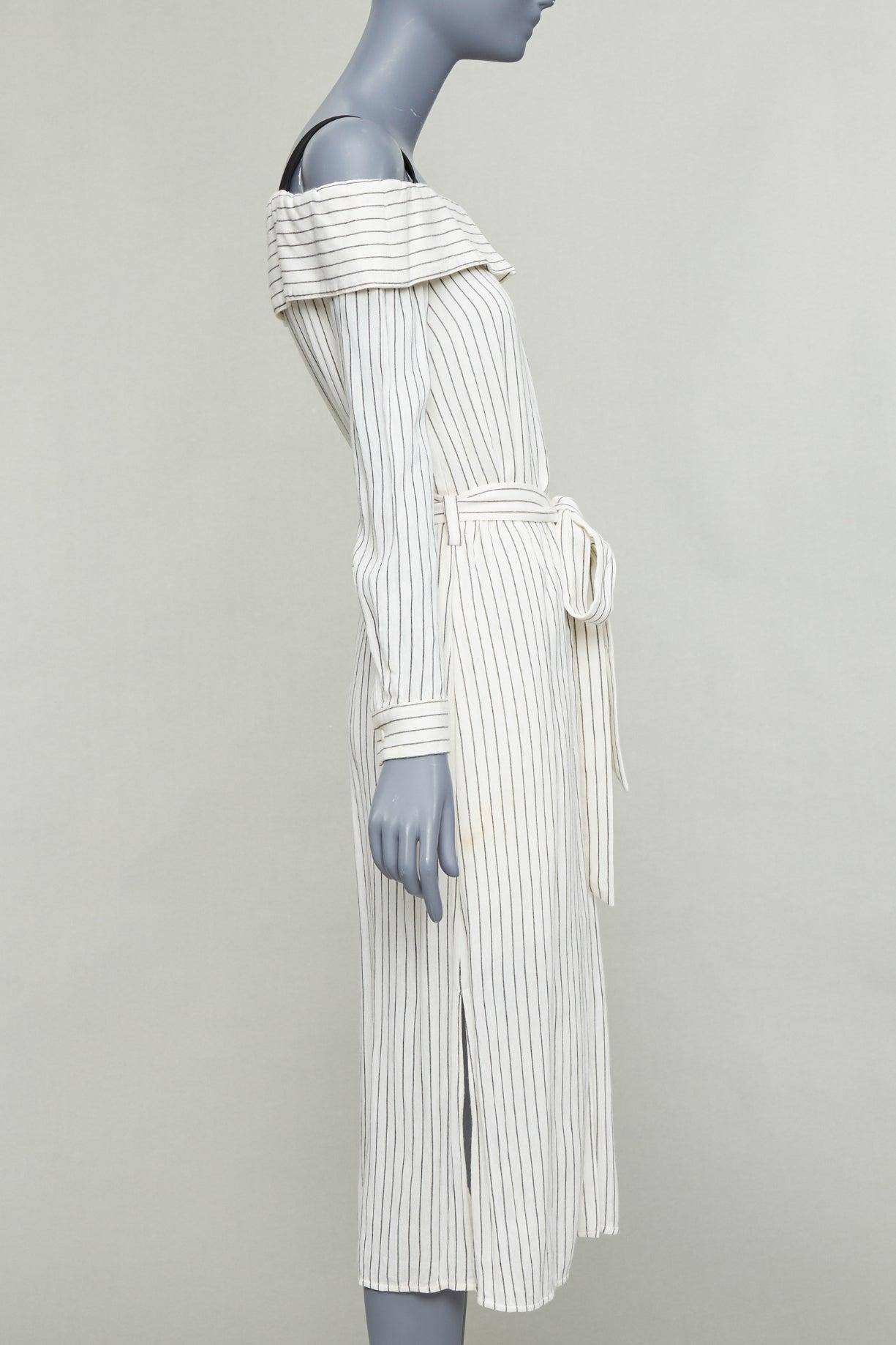 TIBI cream grey pinstriped off shoulder black contrast tie waist dress US4 S État moyen - En vente à Hong Kong, NT