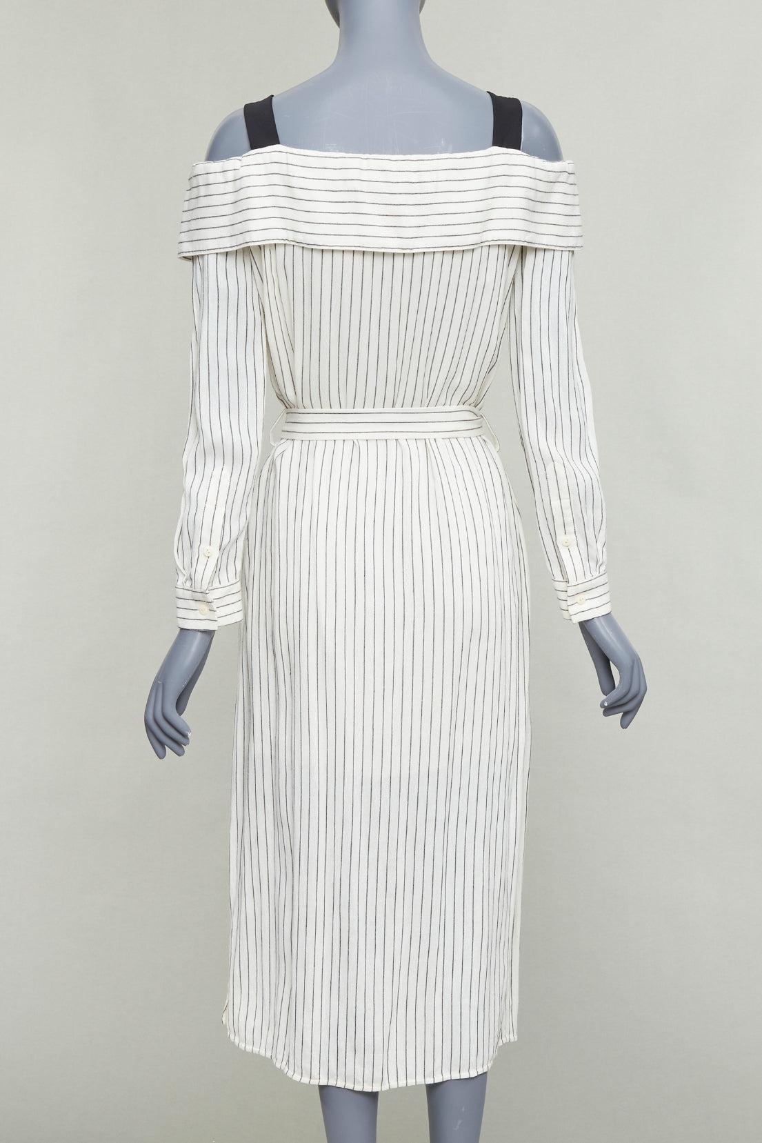 TIBI cream grey pinstriped off shoulder black contrast tie waist dress US4 S Pour femmes en vente