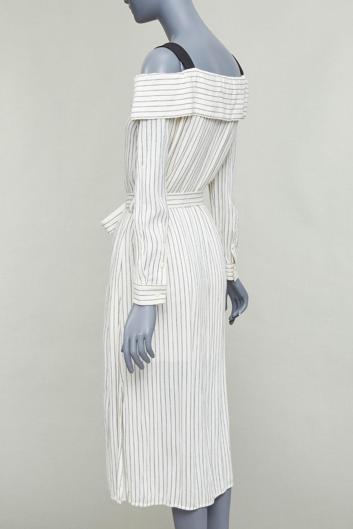 TIBI cream grey pinstriped off shoulder black contrast tie waist dress US4 S en vente 1