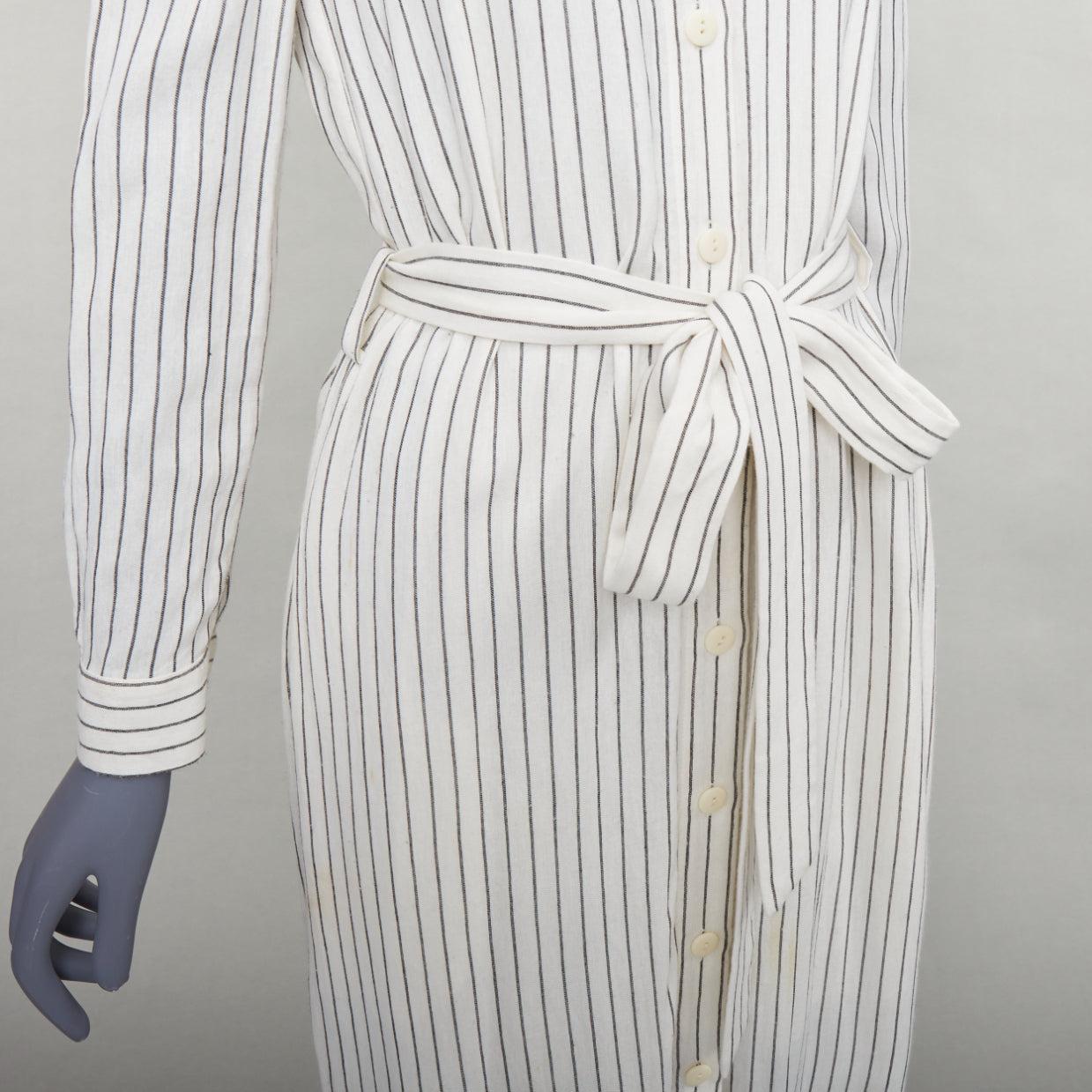 TIBI cream grey pinstriped off shoulder black contrast tie waist dress US4 S en vente 2