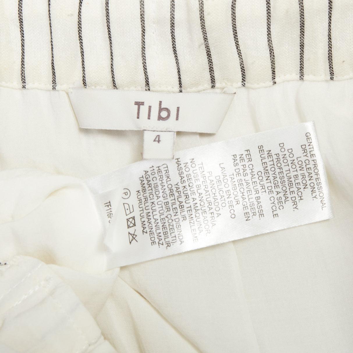 TIBI cream grey pinstriped off shoulder black contrast tie waist dress US4 S en vente 3