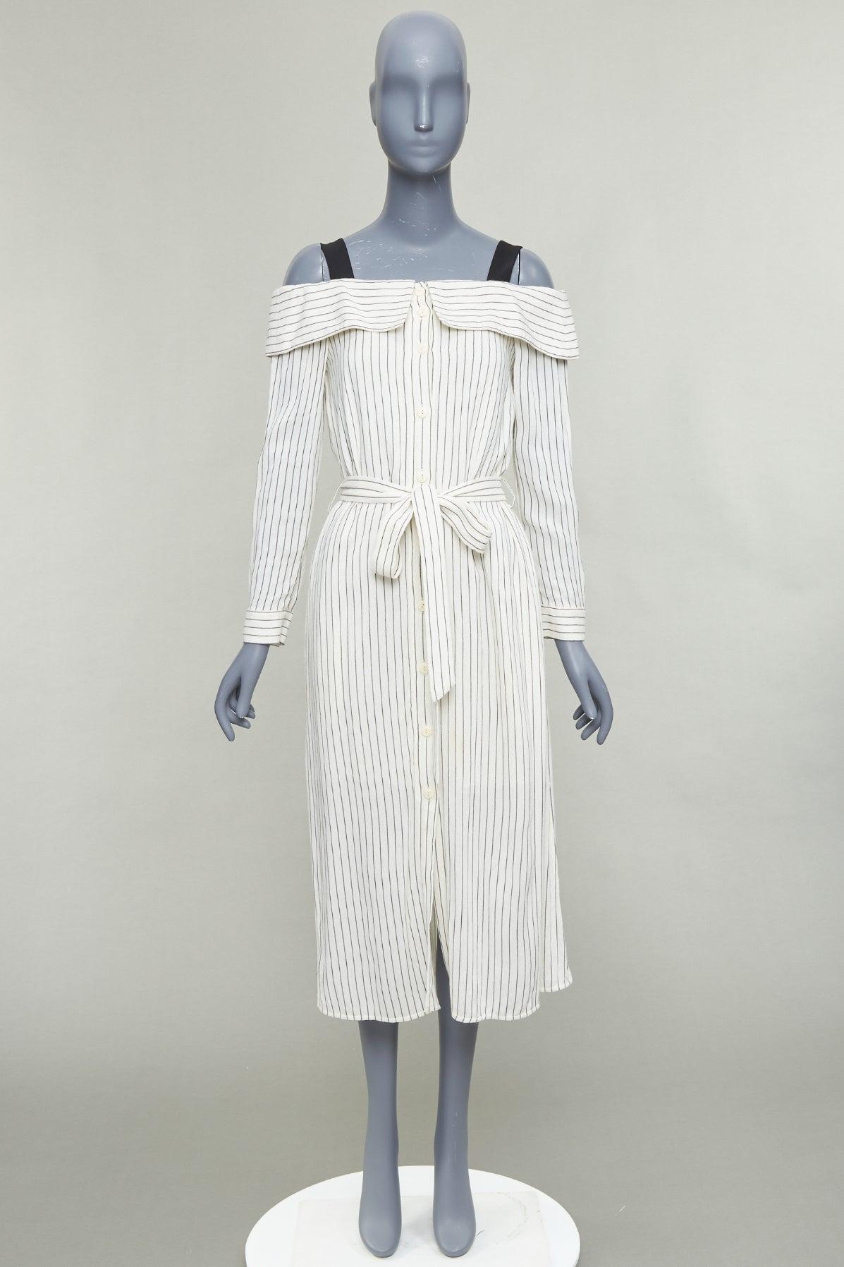 TIBI cream grey pinstriped off shoulder black contrast tie waist dress US4 S en vente 4