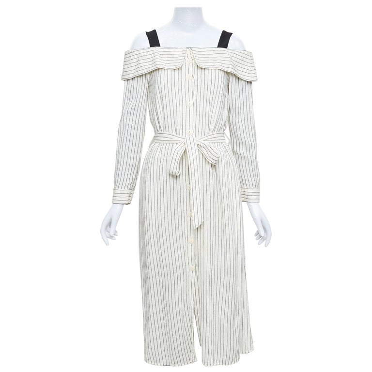 Tibi Cream Grey Pinstriped Off Shoulder Black Contrast Tie Waist Dress Us4 S