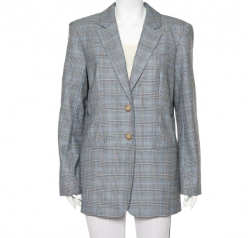 Tibi Grey Cooper Plaided Wool & Silk Cutout Detail  Blazer L For Sale