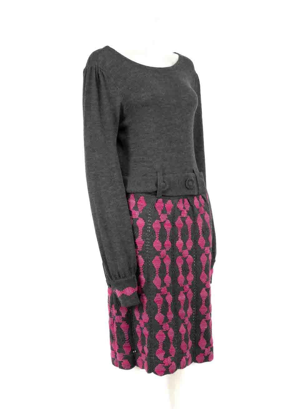 CONDITION is Never worn, with tags. No visible wear to dress is evident on this new Tibi designer resale item.
 
 
 
 Details
 
 
 Grey
 
 Wool
 
 Knit dress
 
 Long sleeves
 
 Midi
 
 Round neck
 
 Pink abstract skirt
 
 Back zip and hook