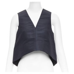 TIBI navy silk faille silver buckle strap back V neck crop top US0 XS