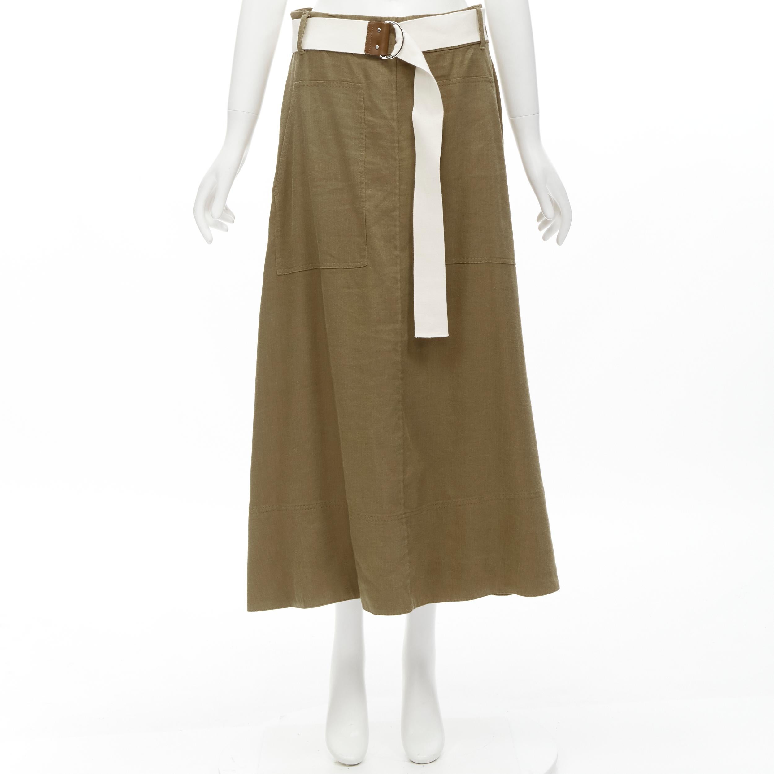 TIBI safari brown linen blend wide canvas belted wrap midi skirt US6 S For Sale 2