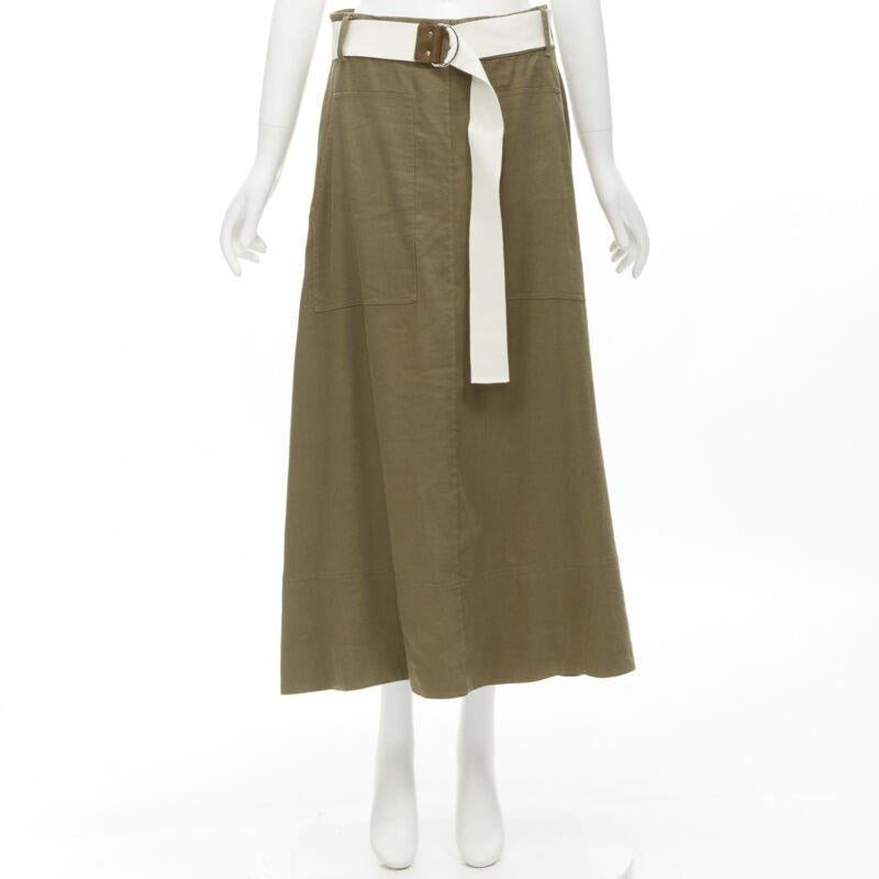 TIBI safari marrone in misto lino con cintura e gonna midi US6 S in vendita 5