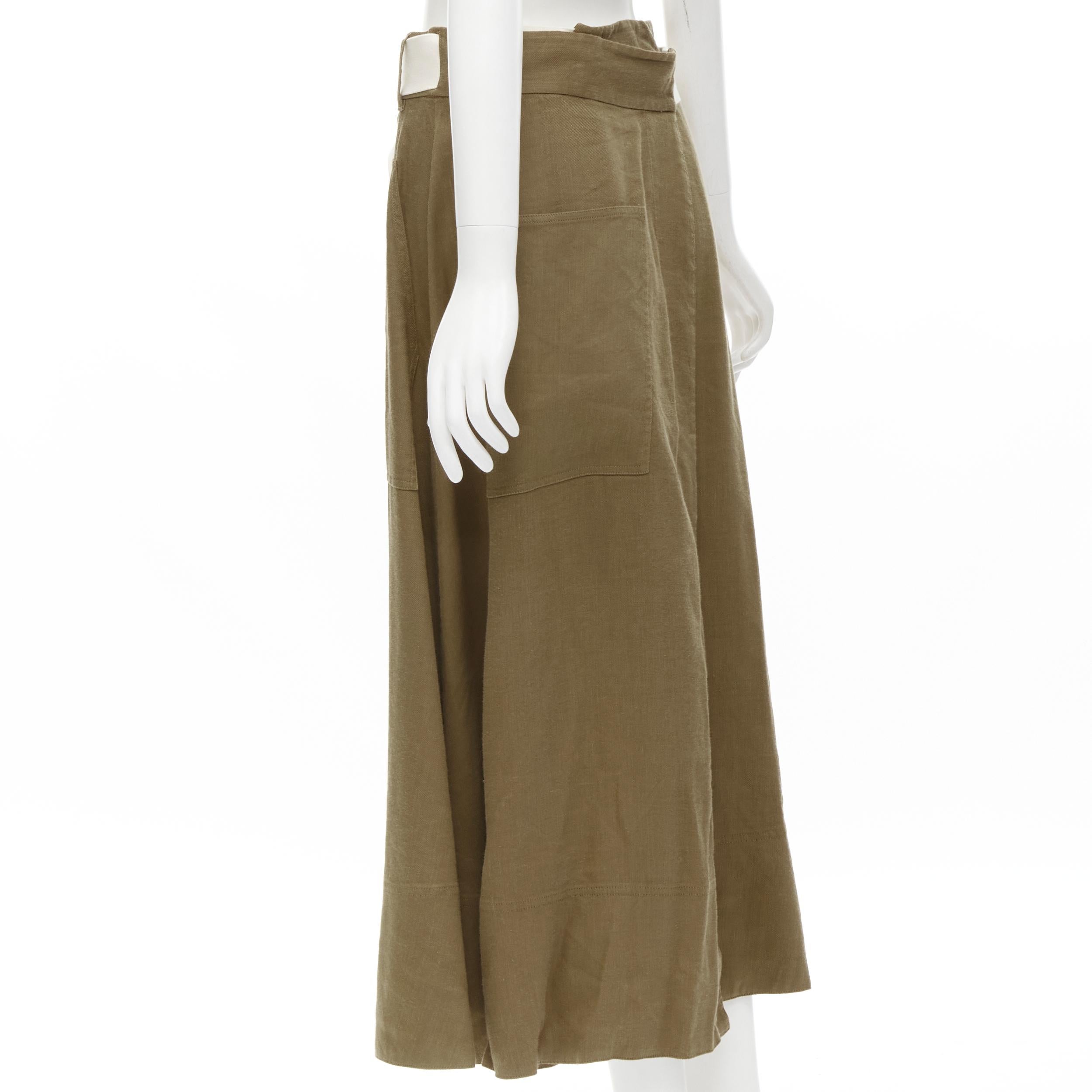 Brown TIBI safari brown linen blend wide canvas belted wrap midi skirt US6 S For Sale