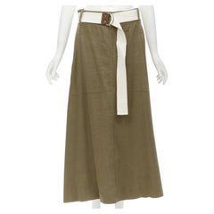TIBI safari brown linen blend wide canvas belted wrap midi skirt US6 S