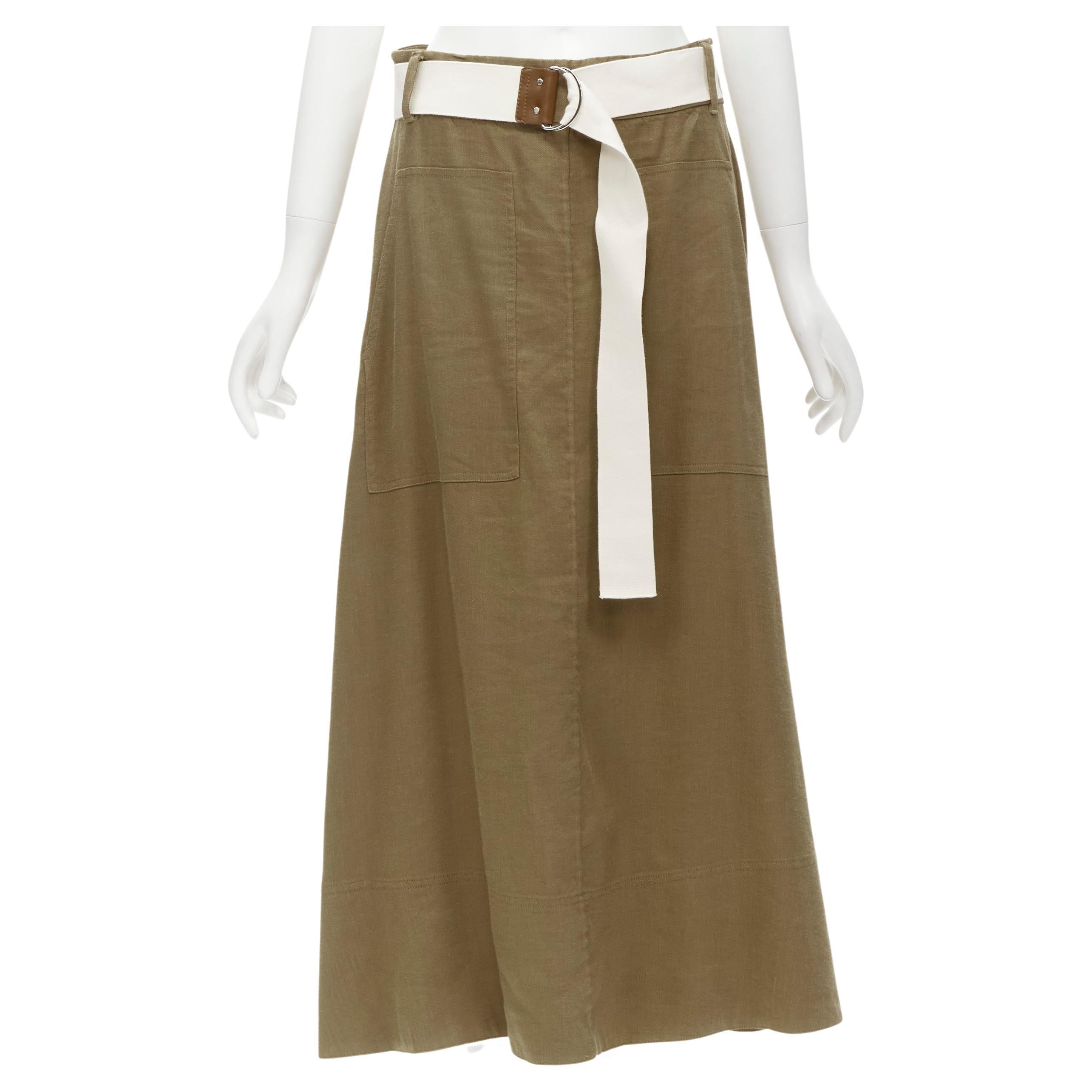 TIBI safari brown linen blend wide canvas belted wrap midi skirt US6 S For Sale
