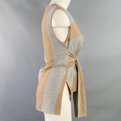 TIBI Size 2 Grey Tan Polyester Blend Stripe V-Neck Tie Casual Top