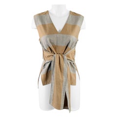 TIBI Size 2 Grey Tan Polyester Blend Stripe V-Neck Tie Casual Top