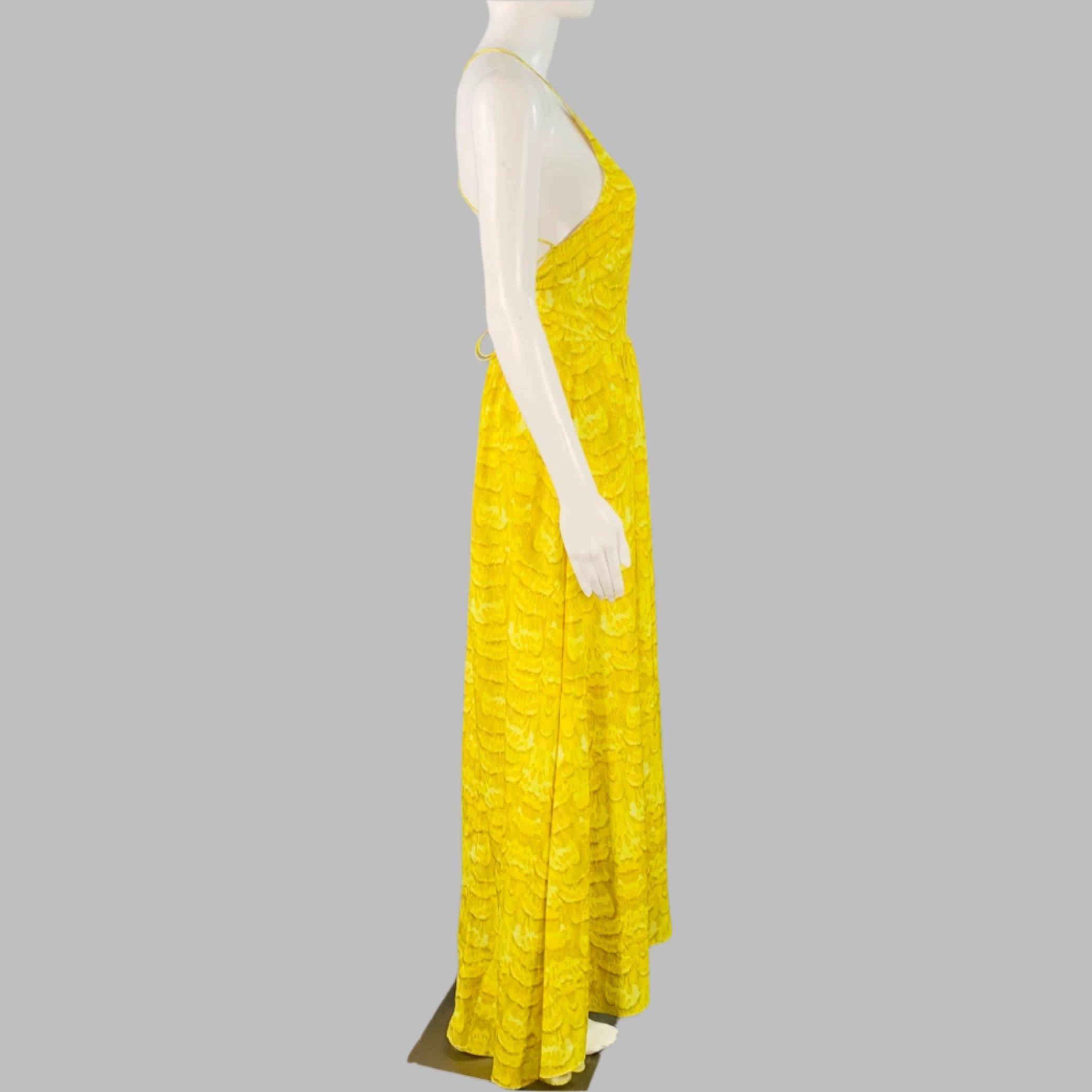 Jaune Tibi Size 2 Yellow Brown Polyester Print Halter Dress (robe dos nu) en vente