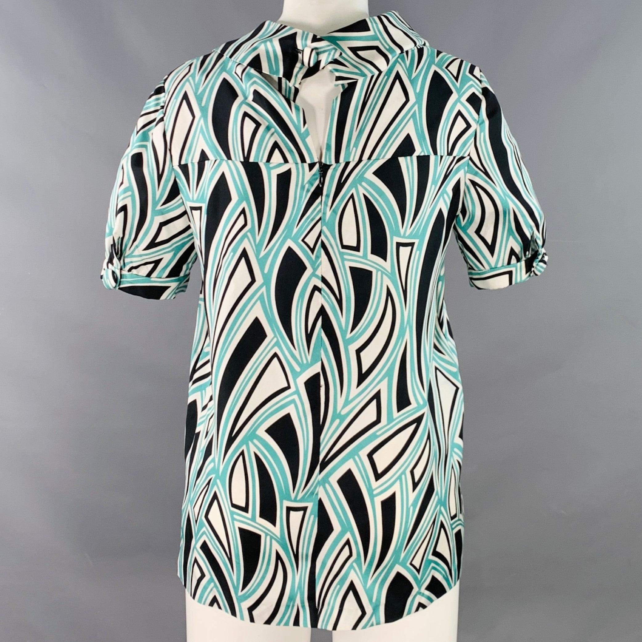 Gray TIBI Size 6 Green Black White Silk Abstract Cowl Neck Dress Top For Sale