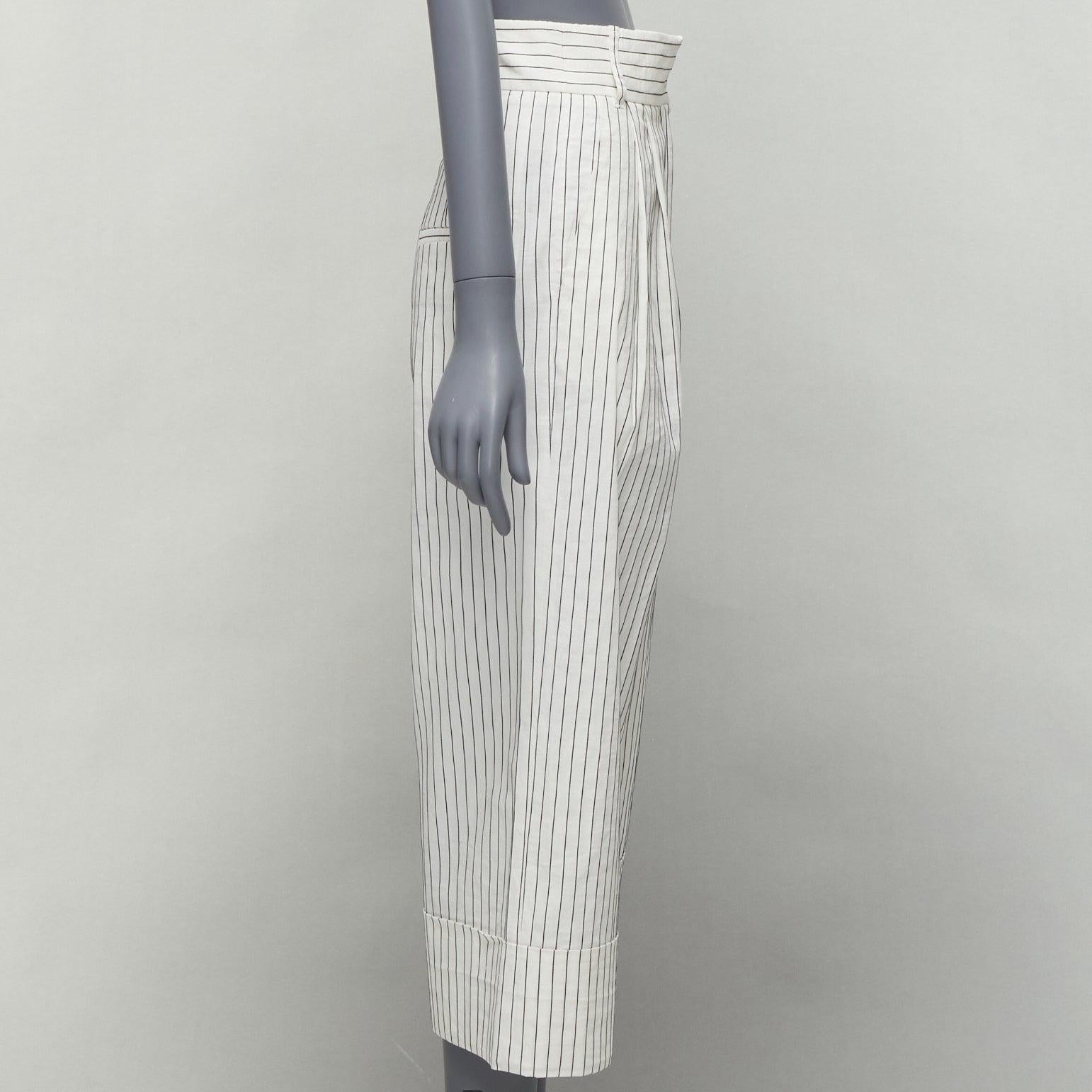 TIBI white black pinstriped linen blend pleated wide leg cropped pants US0 XS In Excellent Condition For Sale In Hong Kong, NT