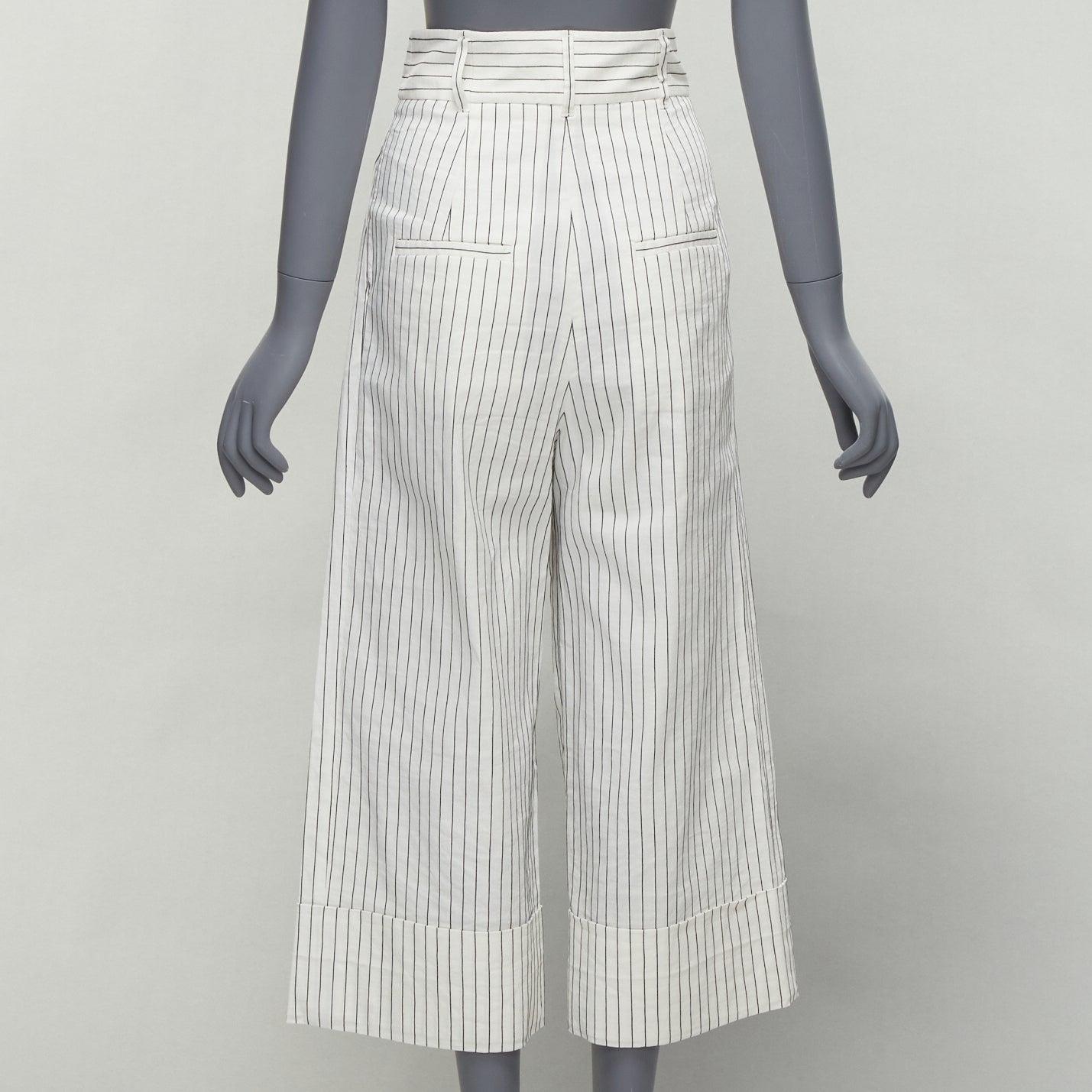 Women's TIBI white black pinstriped linen blend pleated wide leg cropped pants US0 XS For Sale