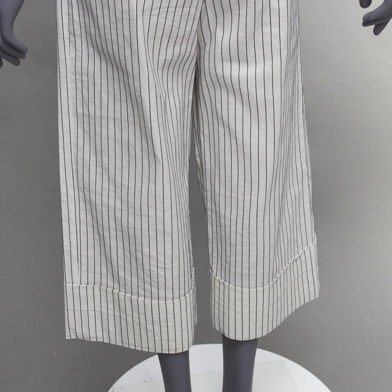 TIBI white black pinstriped linen blend pleated wide leg cropped pants US0 XS For Sale 2