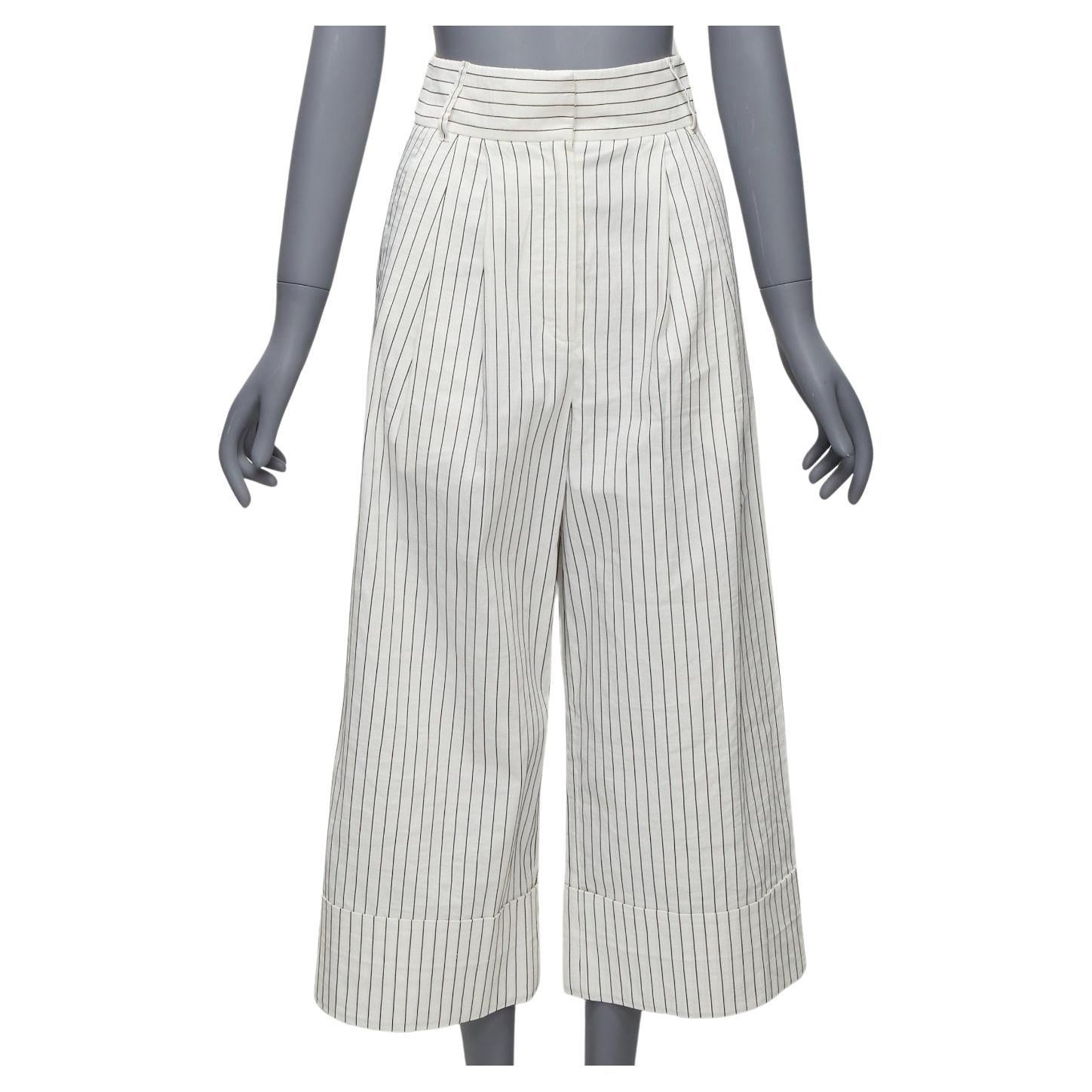 TIBI white black pinstriped linen blend pleated wide leg cropped pants US0 XS For Sale