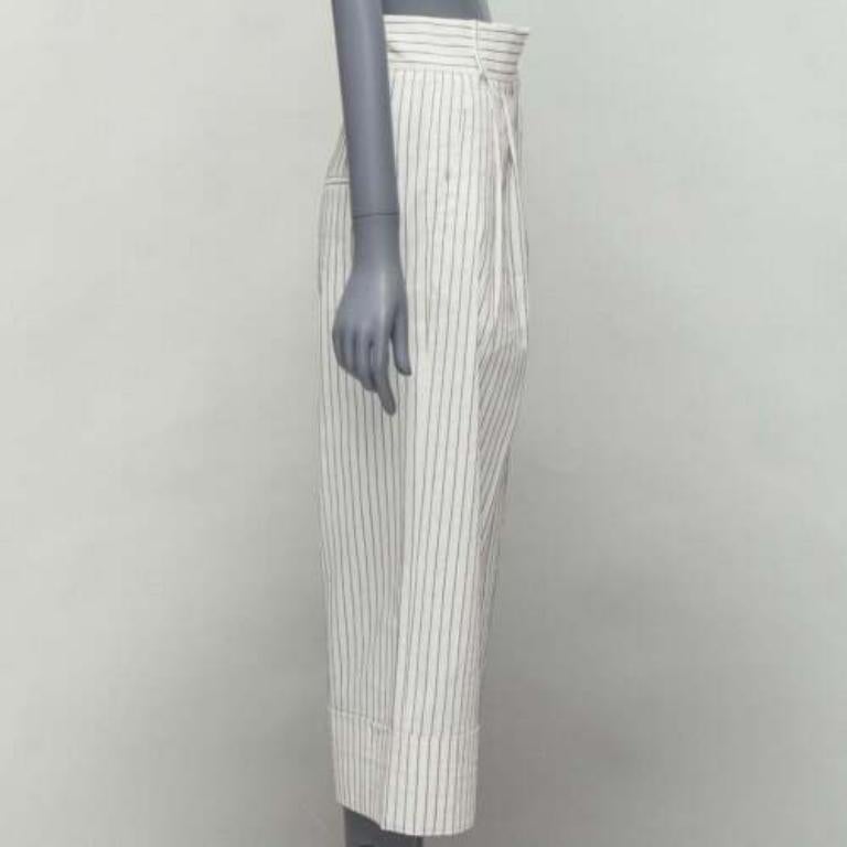 TIBI white black pinstriped linen pleated front wide leg cropped pants US0 XS In Excellent Condition For Sale In Hong Kong, NT