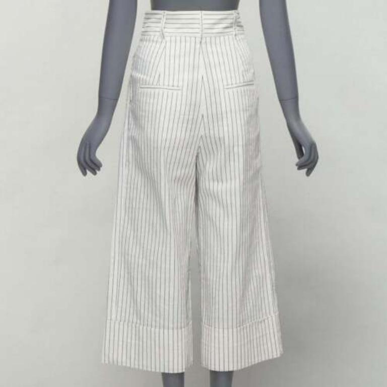 Women's TIBI white black pinstriped linen pleated front wide leg cropped pants US0 XS For Sale