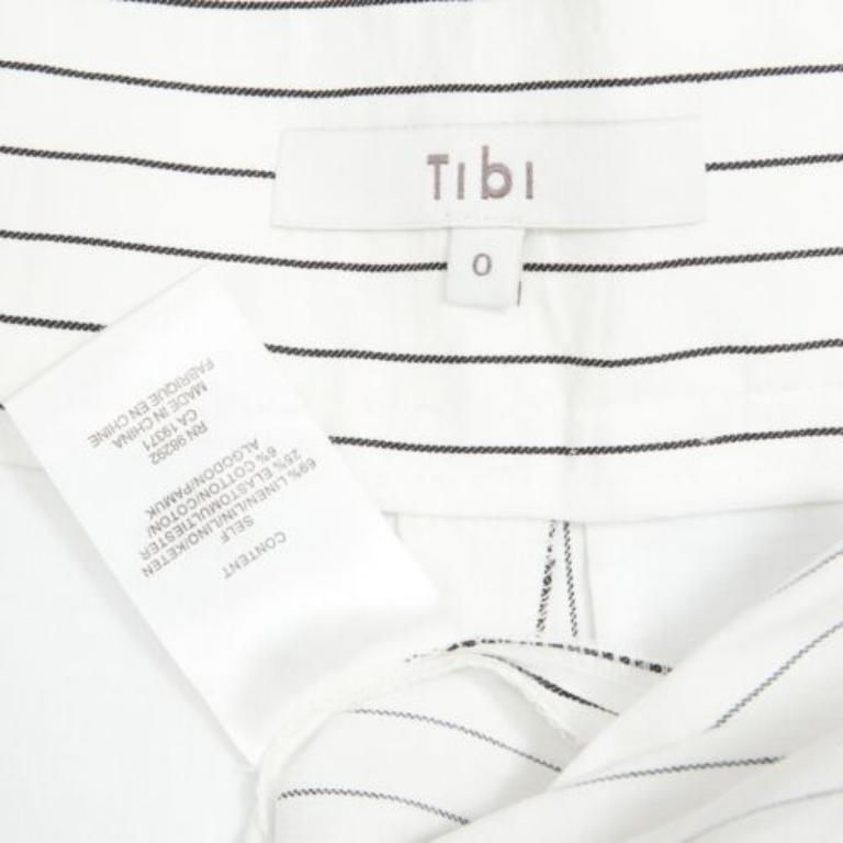 TIBI white black pinstriped linen pleated front wide leg cropped pants US0 XS For Sale 3