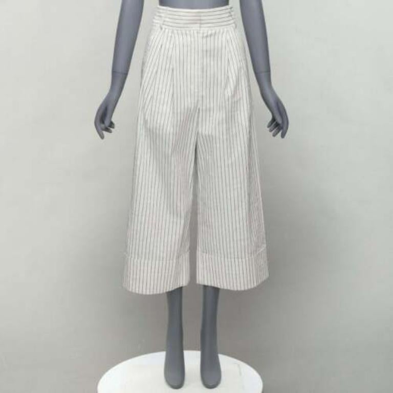 TIBI white black pinstriped linen pleated front wide leg cropped pants US0 XS For Sale 4