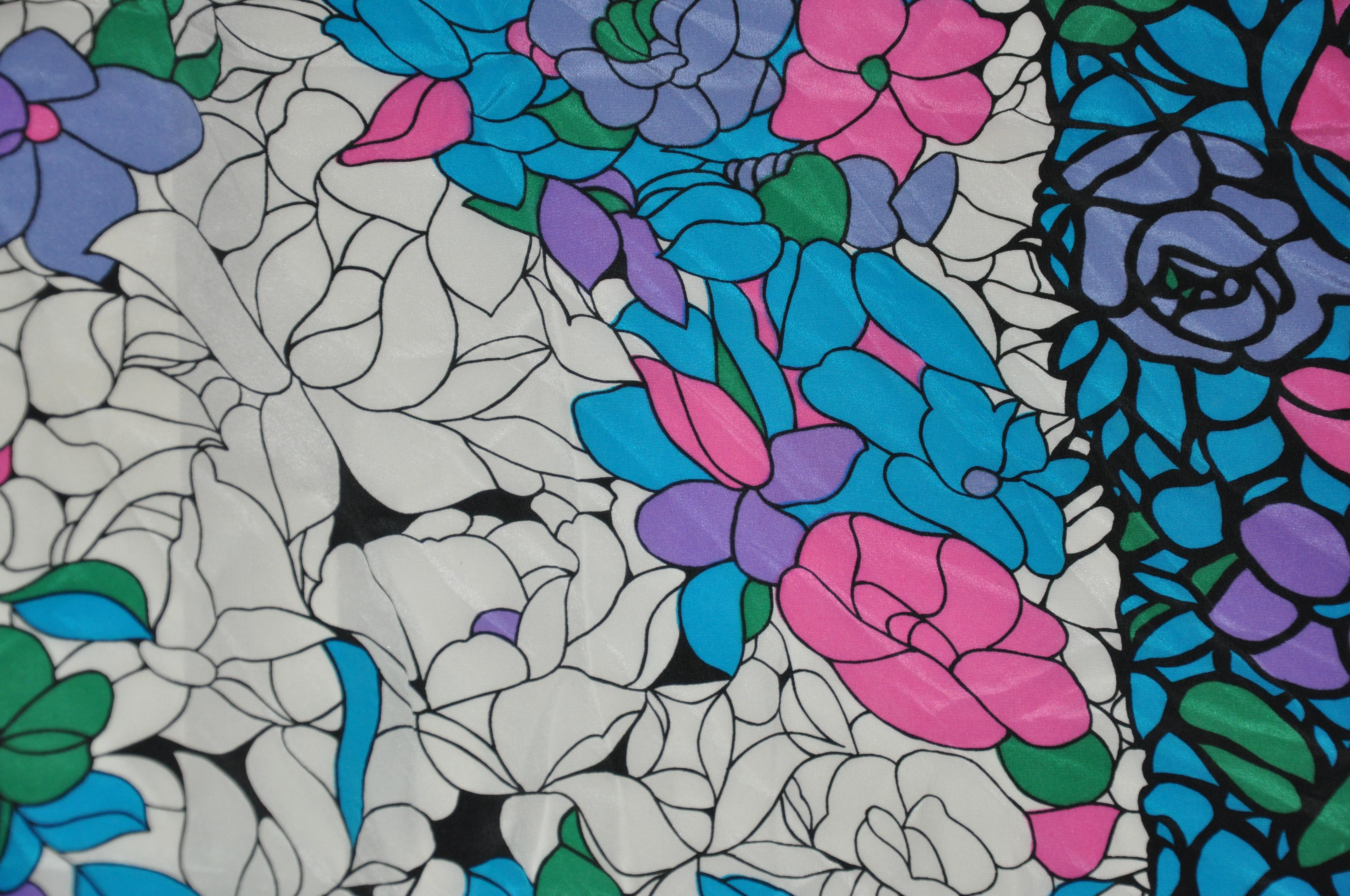 Blue Tibi Wonderfully Whimsical Shades of Turquoise & Popping Pinks Floral Silk Scarf For Sale