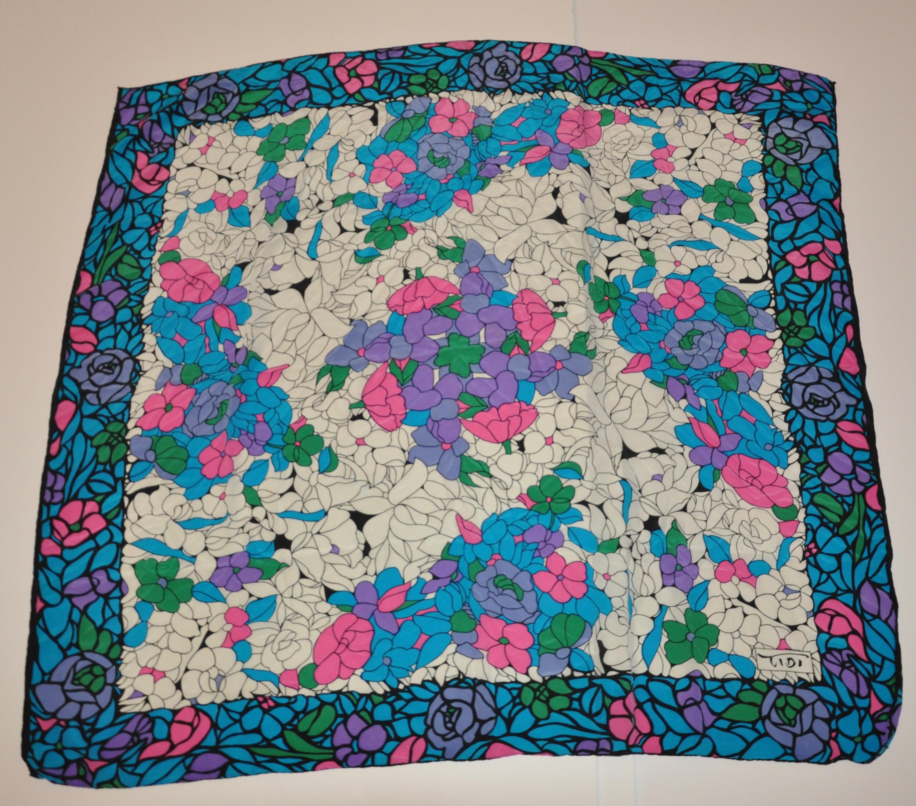 Tibi Wonderfully Whimsical Shades of Turquoise & Popping Pinks Floral Silk Scarf For Sale 1