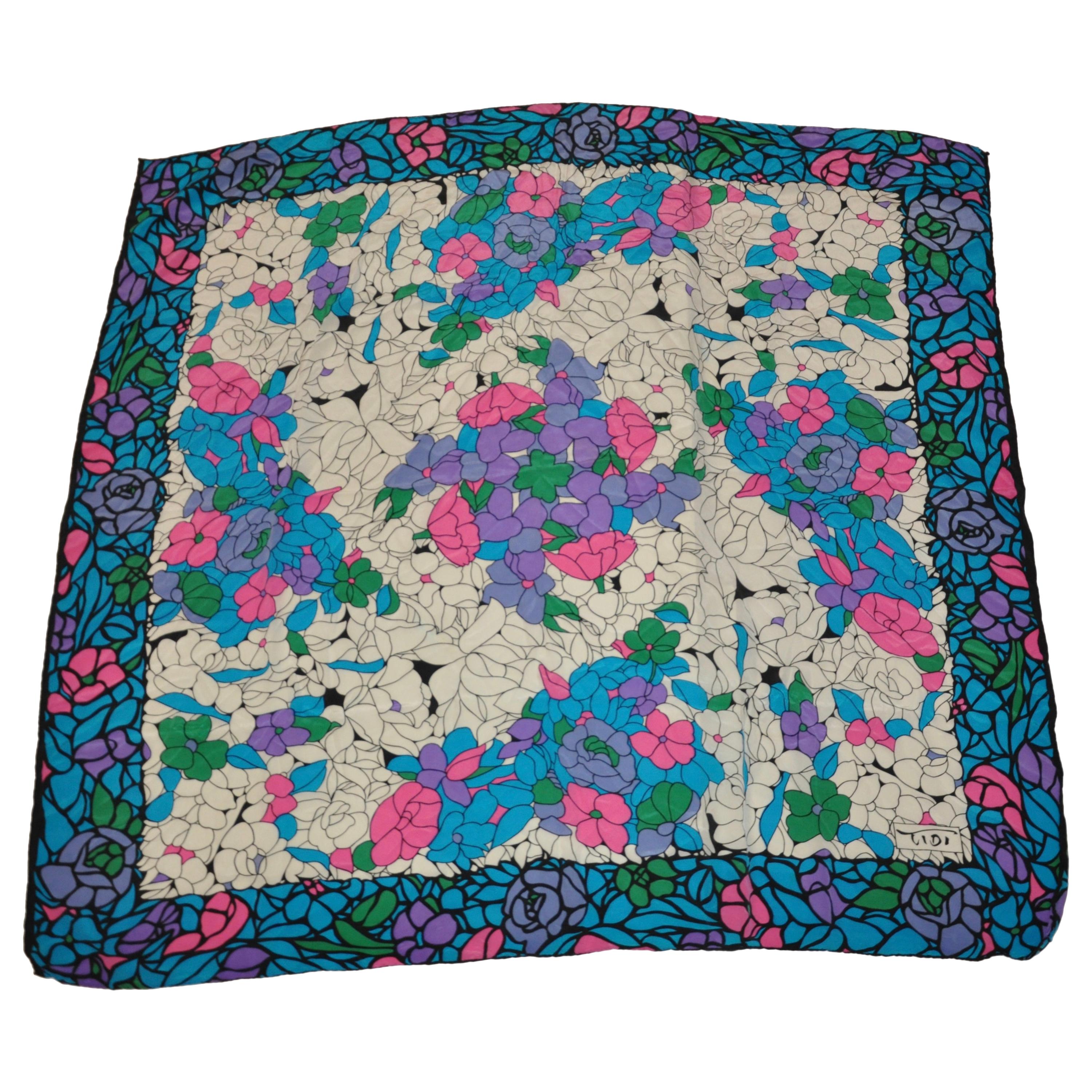 Tibi Wonderfully Whimsical Shades of Turquoise & Popping Pinks Floral Silk Scarf