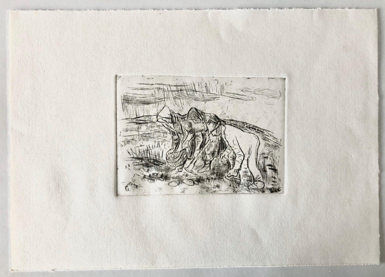 Farmers Gardening Etching, (After Vincent Van Gogh) Famed Children's Book Author - Gray Landscape Print by Tibor Gergely