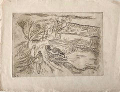 Vintage Art Etching Farm with Cow and Farmer, Famed Children's Book Illustrator