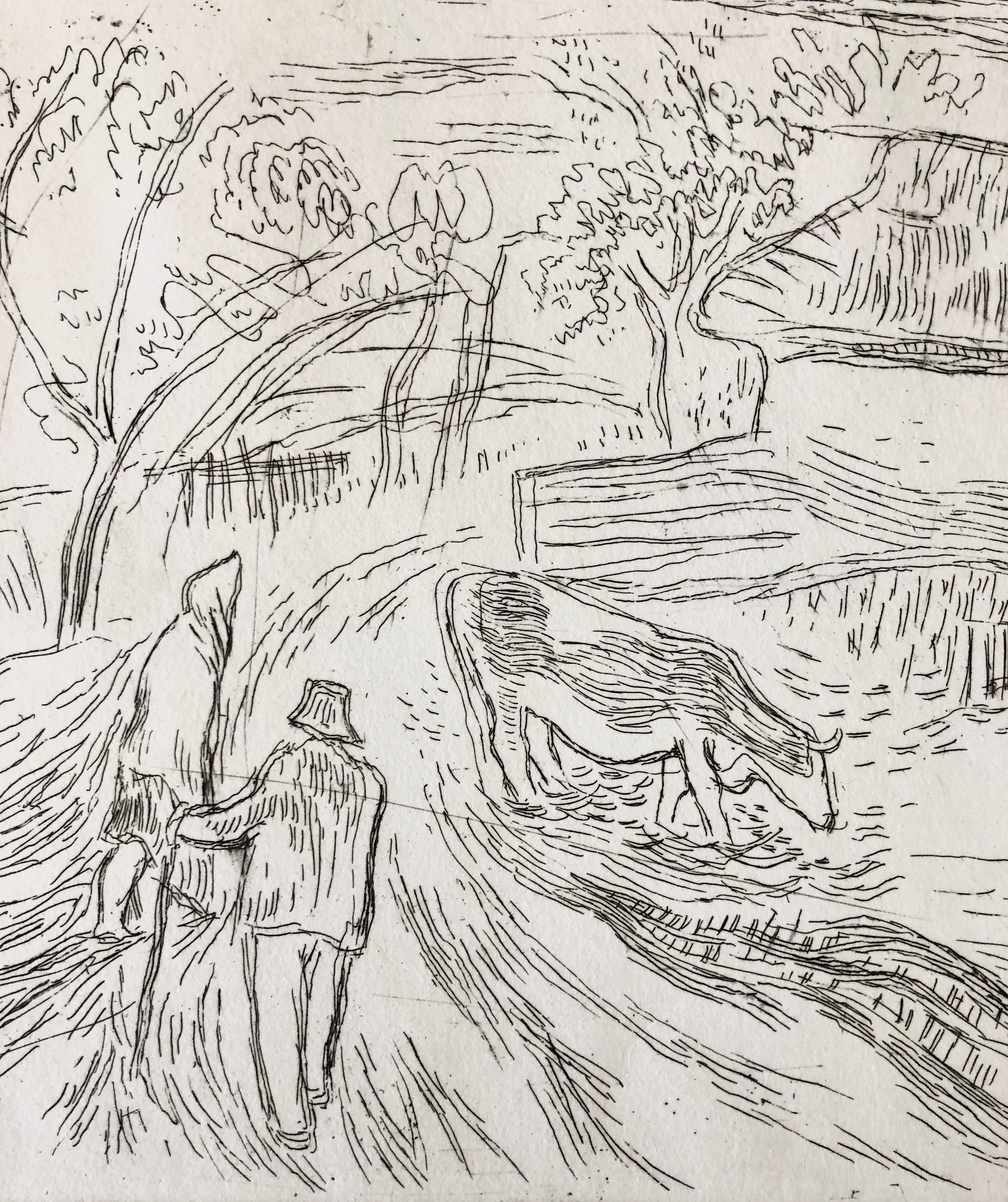 Acquaforte d'epoca con mucca e contadino, famoso illustratore di libri per bambini - Print di Tibor Gergely