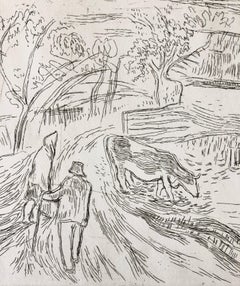Vintage Art Etching Farm with Cow and Farmer, Famed Children's Book Illustrator