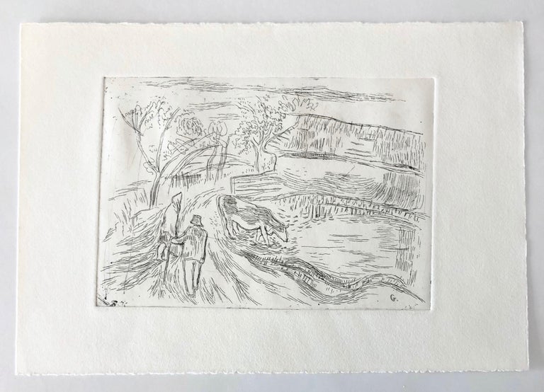 Vintage Art Etching Farm with Cow and Farmer, Famed Children's Book Illustrator - Gray Landscape Print by Tibor Gergely