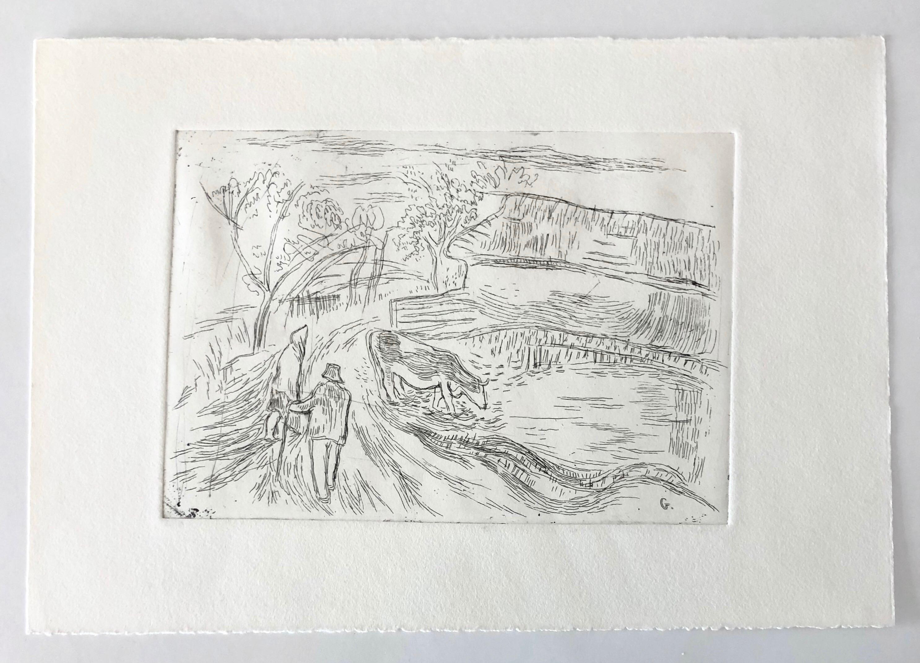 Acquaforte d'epoca con mucca e contadino, famoso illustratore di libri per bambini - Landscape Print Grigio di Tibor Gergely
