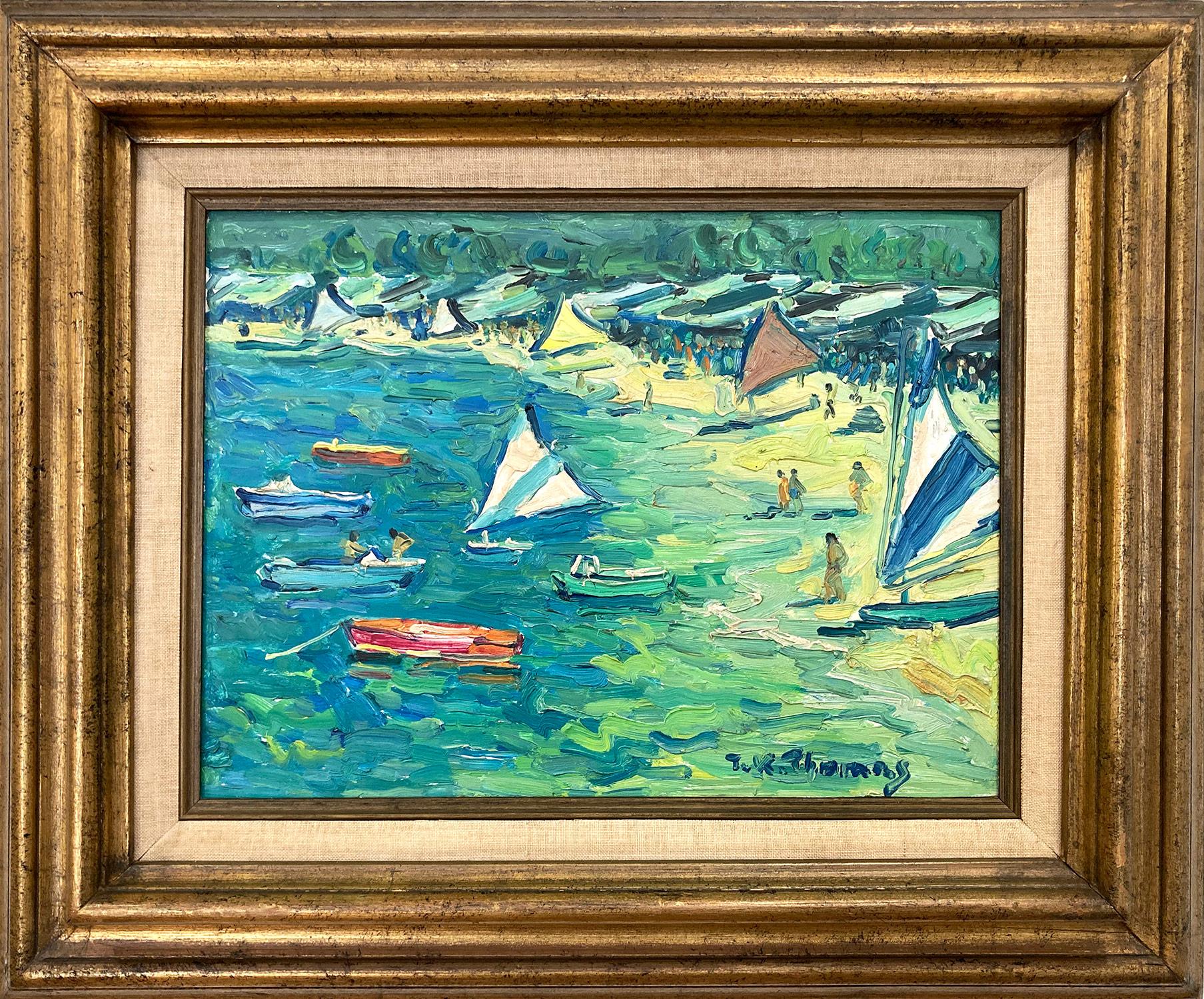 Tibor K Thomas Landscape Painting - "Sailboats at the Beach" Impressionist Mid Century Seascape Oil Painting Canvas