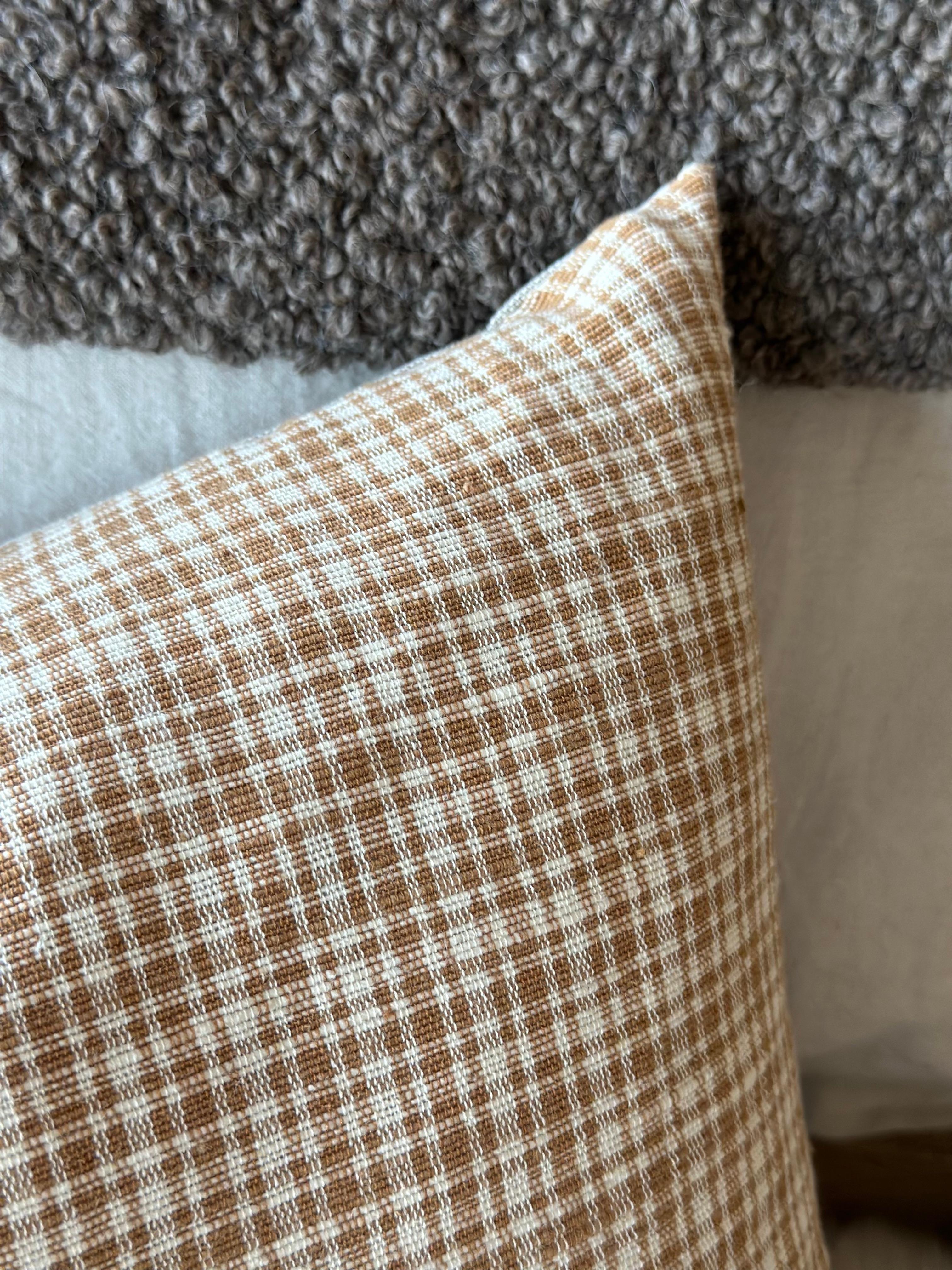 Contemporary Tiburon Woven Brown Plaid Lumbar Pillow With Down Feather Insert For Sale