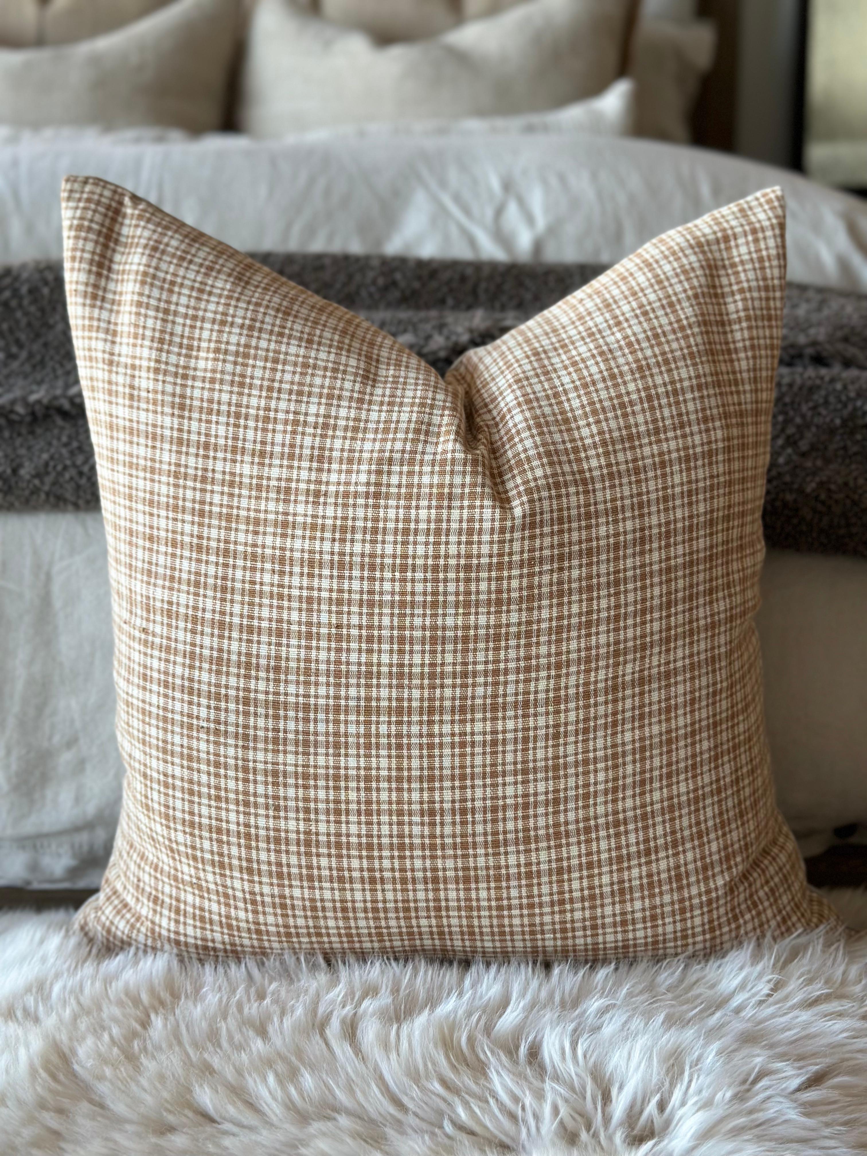 Tiburon Woven Brown Plaid Pillow with Down Feather Insert In New Condition For Sale In Brea, CA