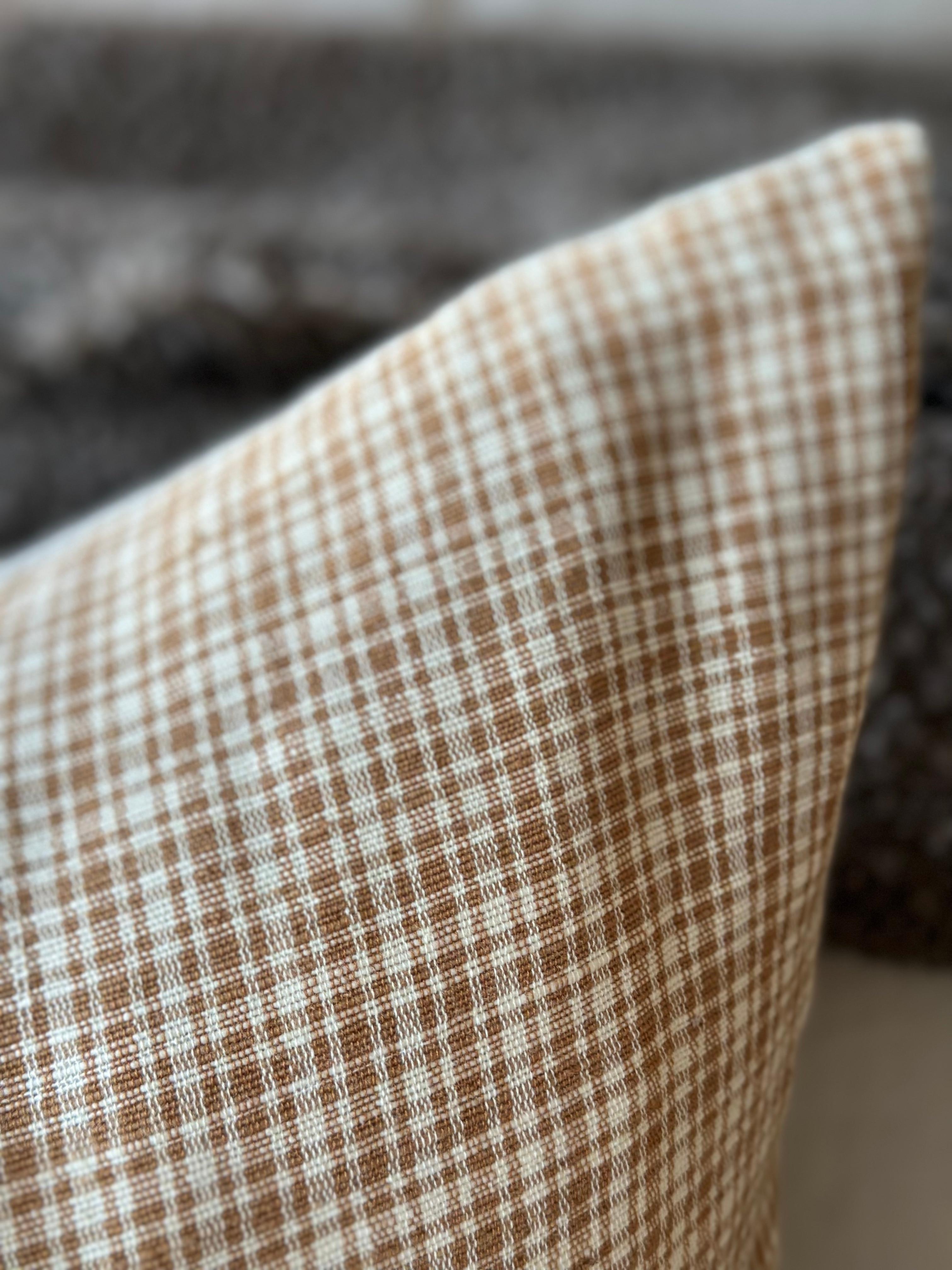 Contemporary Tiburon Woven Brown Plaid Pillow with Down Feather Insert For Sale