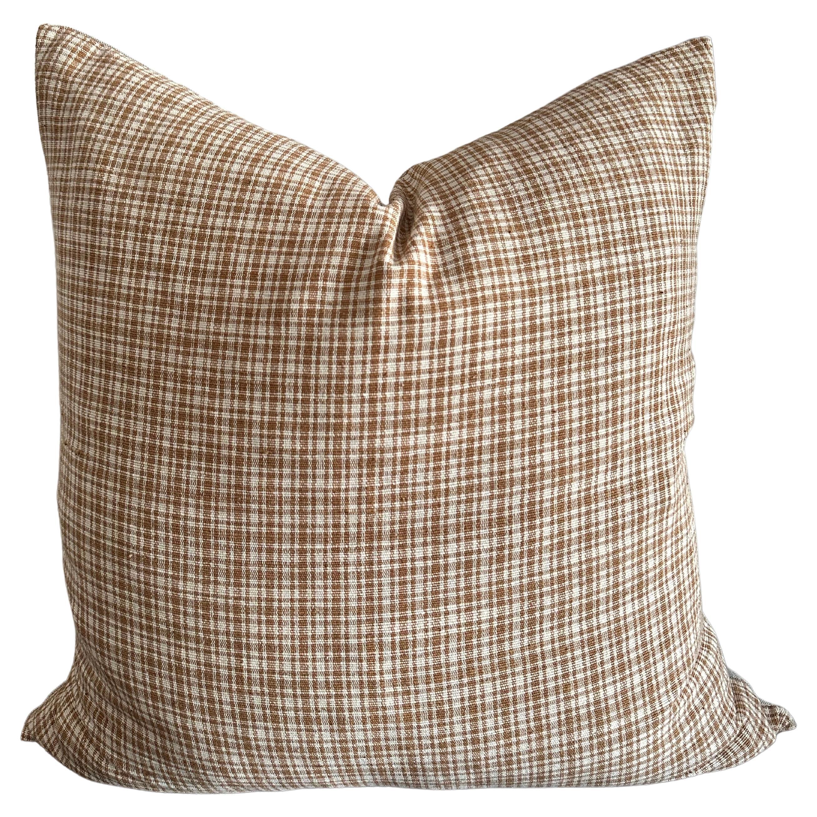 Tiburon Woven Brown Plaid Pillow with Down Feather Insert For Sale