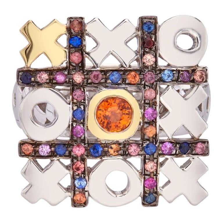 Bague Tic-tac-toe en argent sterling et or 18 carats avec saphirs multicolores en vente